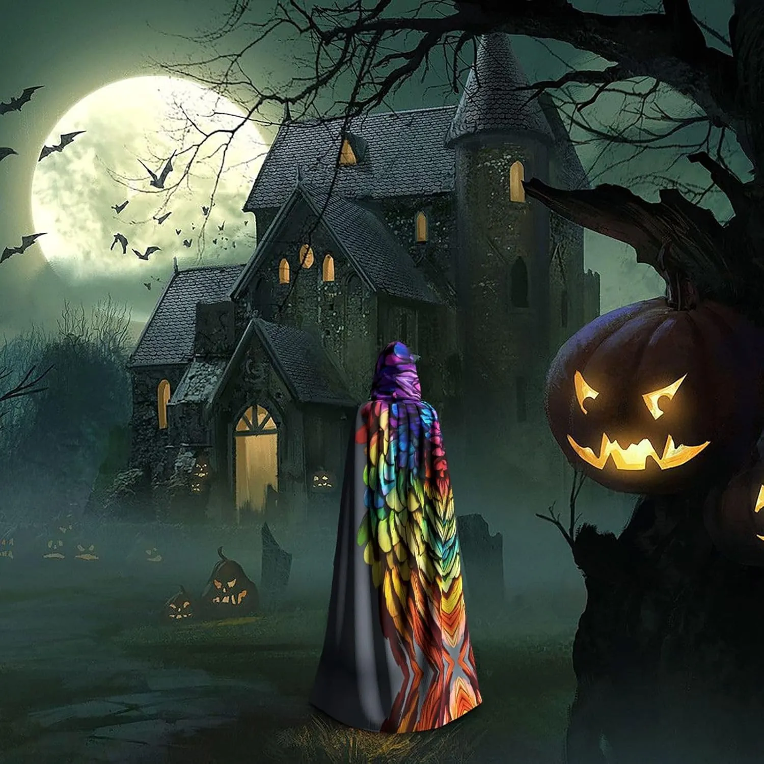 Colorful Hand Drawn Feathers Cape Cloak Adults Hooded Cloak For Women Men Halloween Costumes Christmas Cosplay