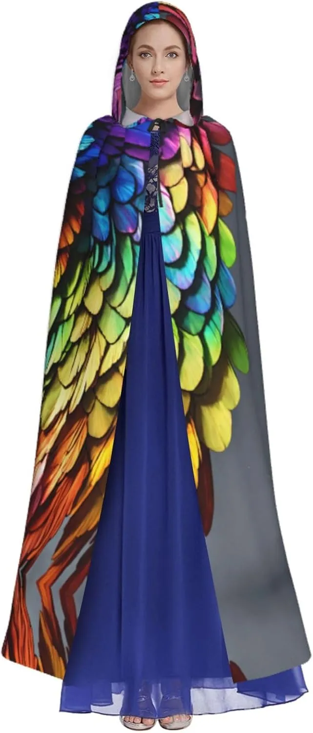 Colorful Hand Drawn Feathers Cape Cloak Adults Hooded Cloak For Women Men Halloween Costumes Christmas Cosplay