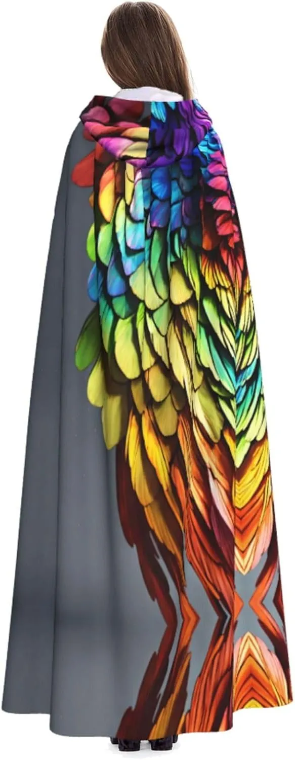 Colorful Hand Drawn Feathers Cape Cloak Adults Hooded Cloak For Women Men Halloween Costumes Christmas Cosplay