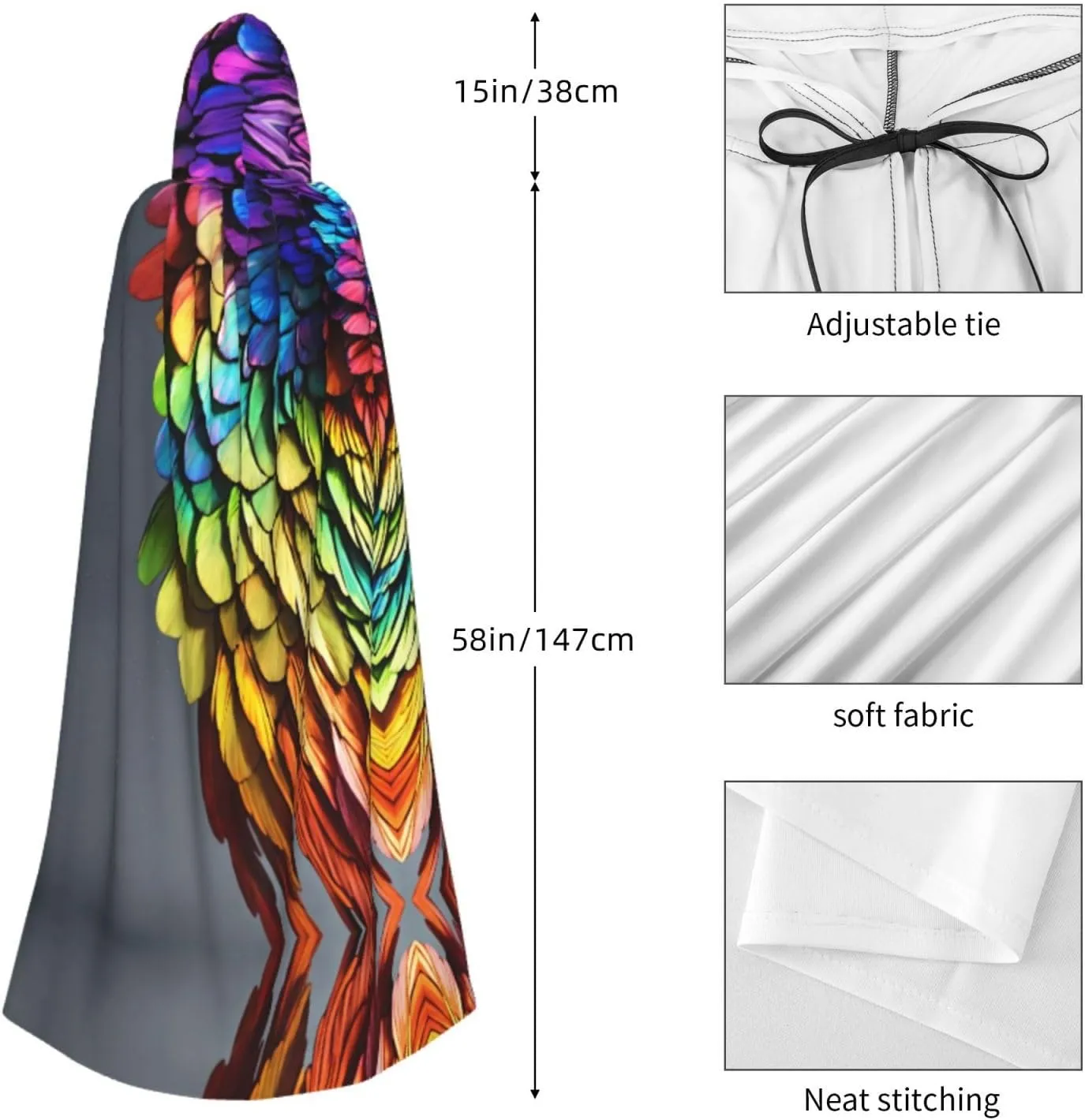 Colorful Hand Drawn Feathers Cape Cloak Adults Hooded Cloak For Women Men Halloween Costumes Christmas Cosplay