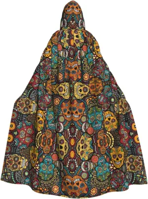 Colorful Sugar Skulls Cape Cloak Adults Hooded Cloak For Women Men Halloween Costumes Christmas Cosplay, Black