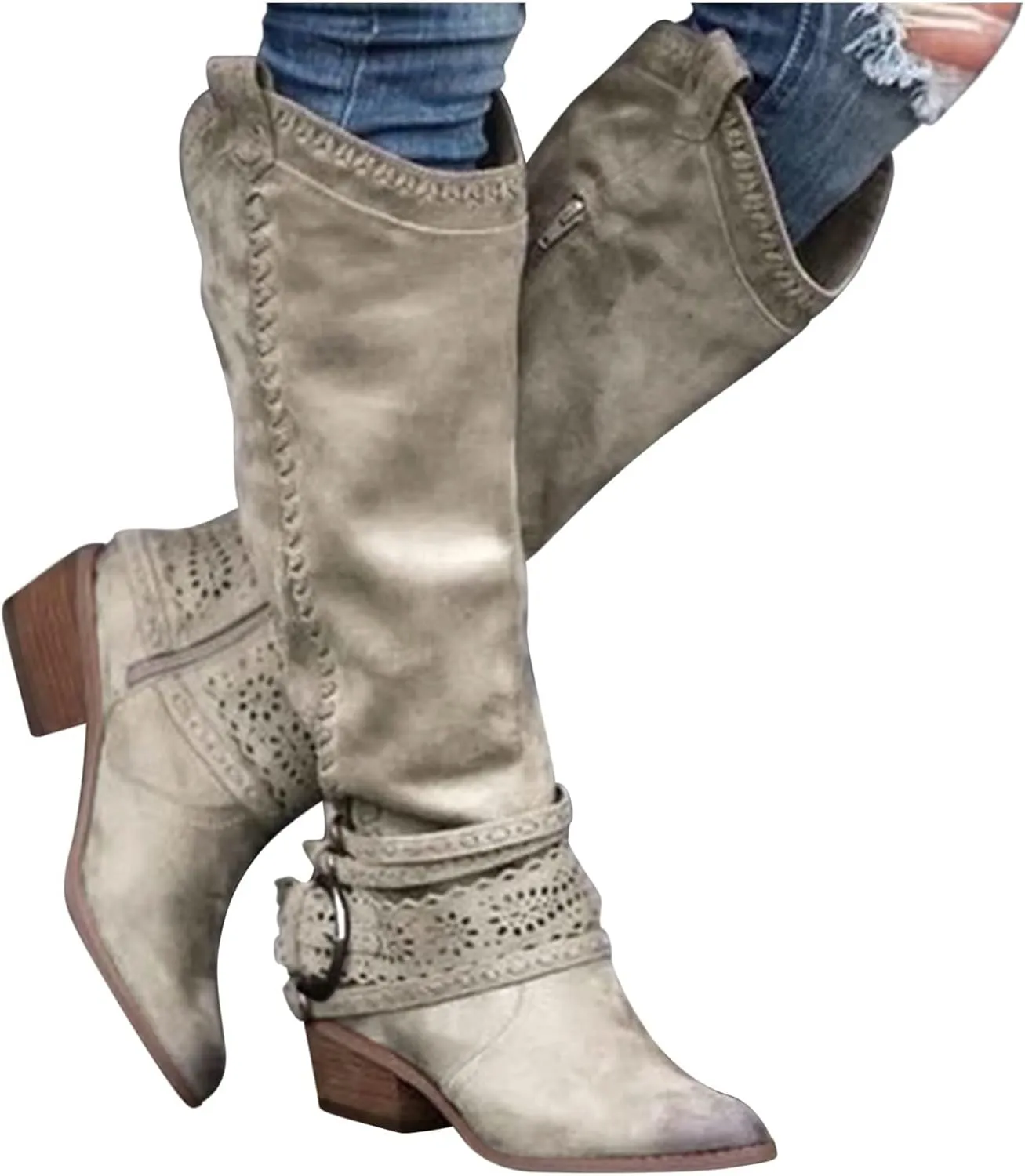 Cowboy Boots for Women Knee High Western Cowgirl Boots Pointed Toe Chunky Heels Embroidered Western with Buckle Boots