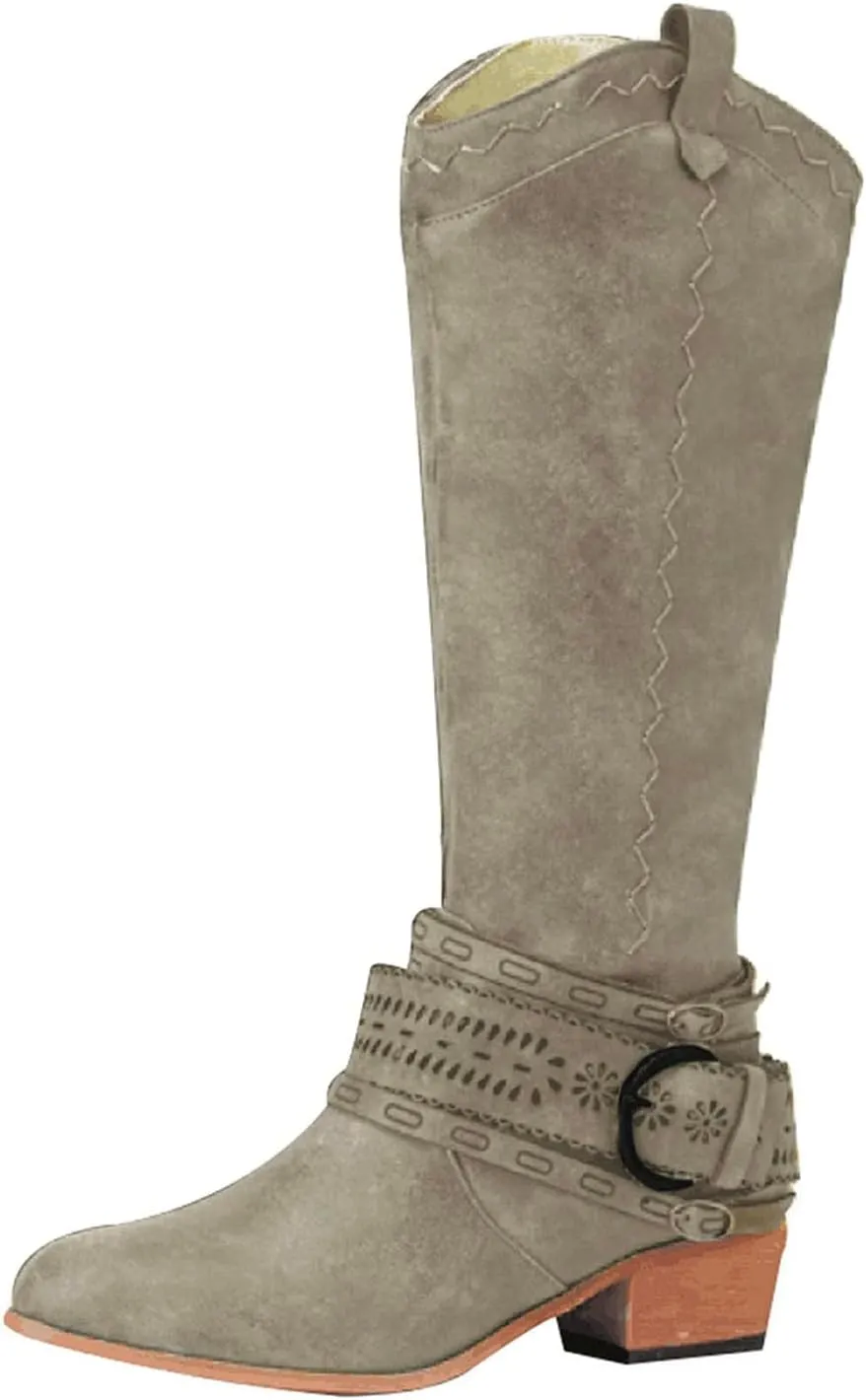 Cowboy Boots for Women Knee High Western Cowgirl Boots Pointed Toe Chunky Heels Embroidered Western with Buckle Boots
