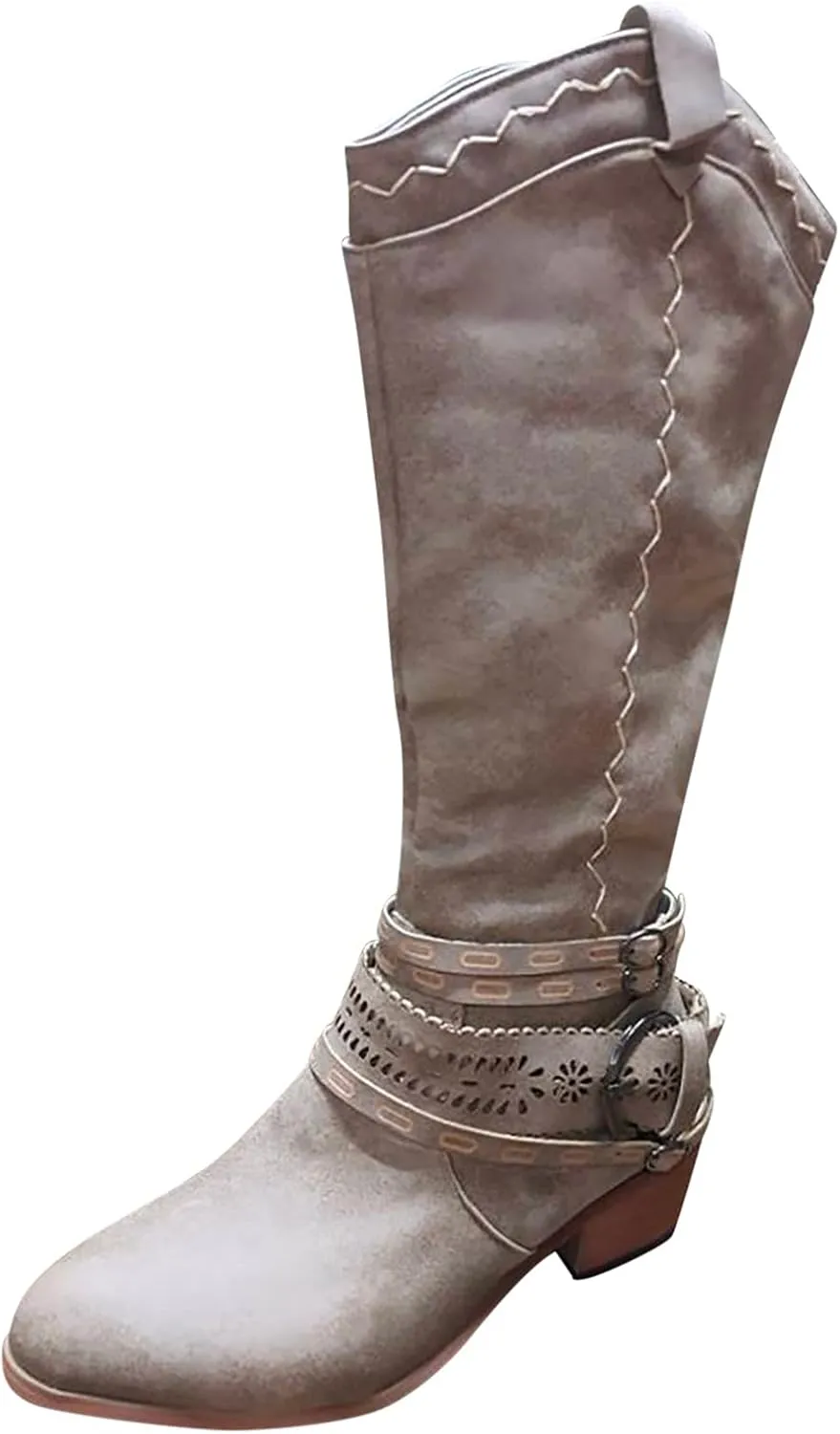 Cowboy Boots for Women Knee High Western Cowgirl Boots Pointed Toe Chunky Heels Embroidered Western with Buckle Boots