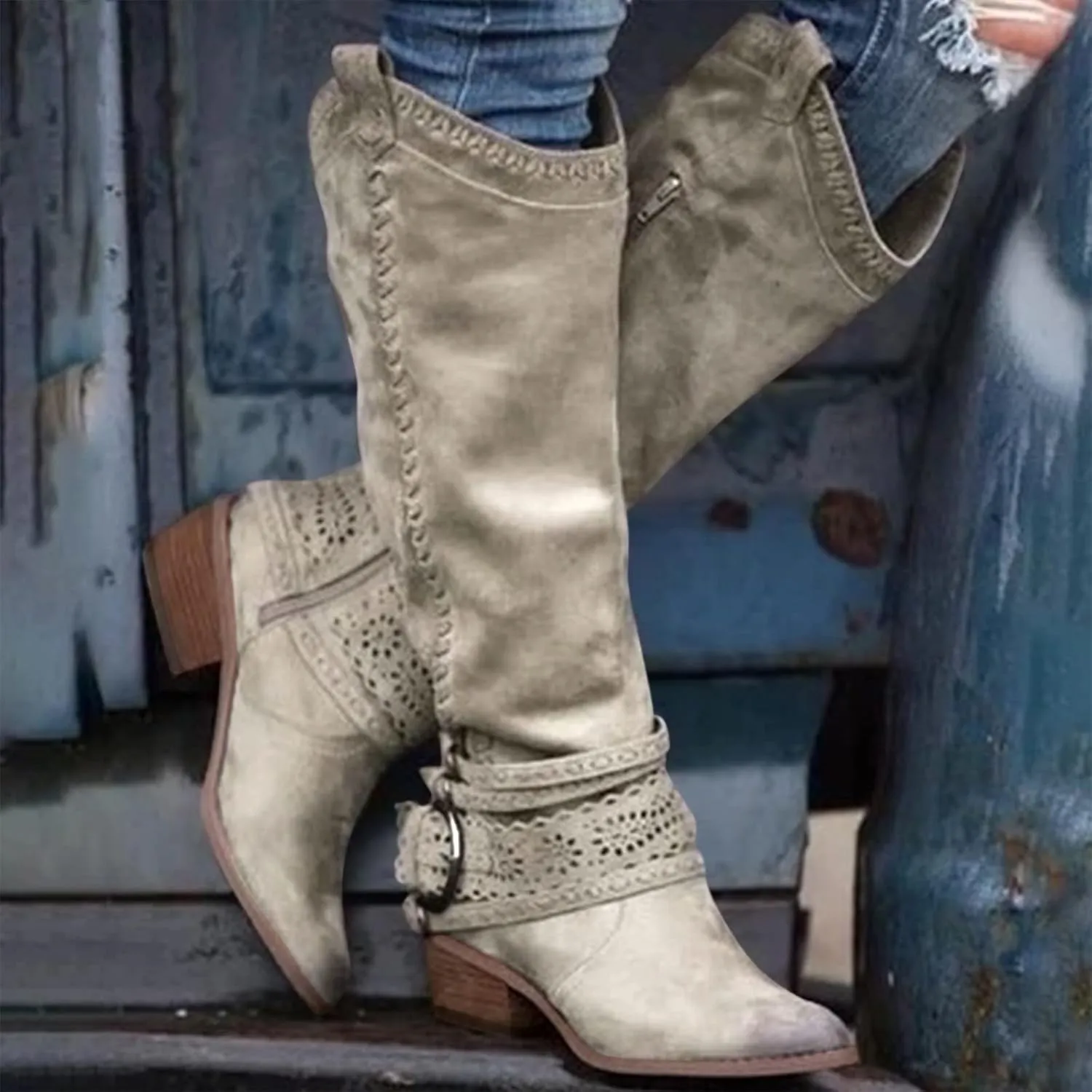Cowboy Boots for Women Knee High Western Cowgirl Boots Pointed Toe Chunky Heels Embroidered Western with Buckle Boots