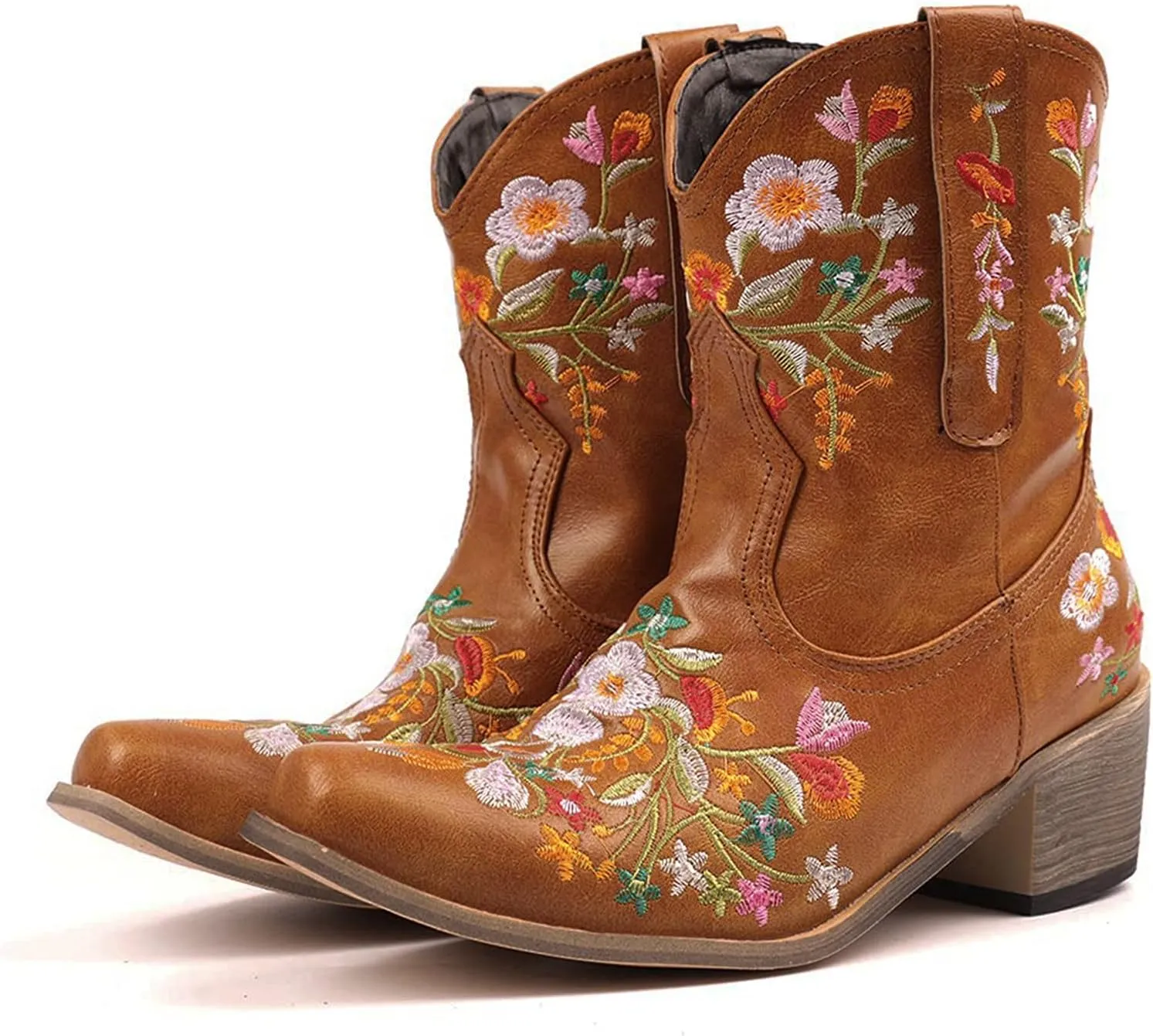 Cowboy Boots for Women Vintage Western Cowgirl Boots Chunky Heel Pull on Flower Embroidered Square Toe Short Boots