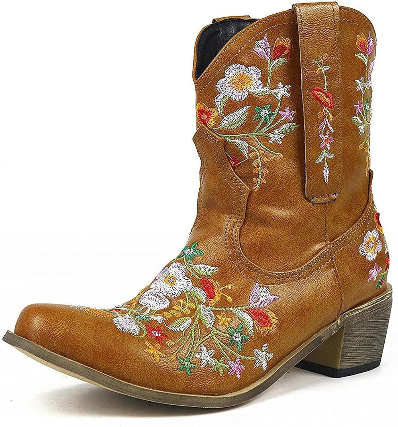Cowboy Boots for Women Vintage Western Cowgirl Boots Chunky Heel Pull on Flower Embroidered Square Toe Short Boots