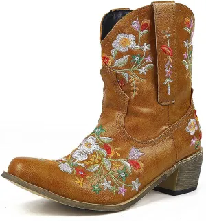 Cowboy Boots for Women Vintage Western Cowgirl Boots Chunky Heel Pull on Flower Embroidered Square Toe Short Boots