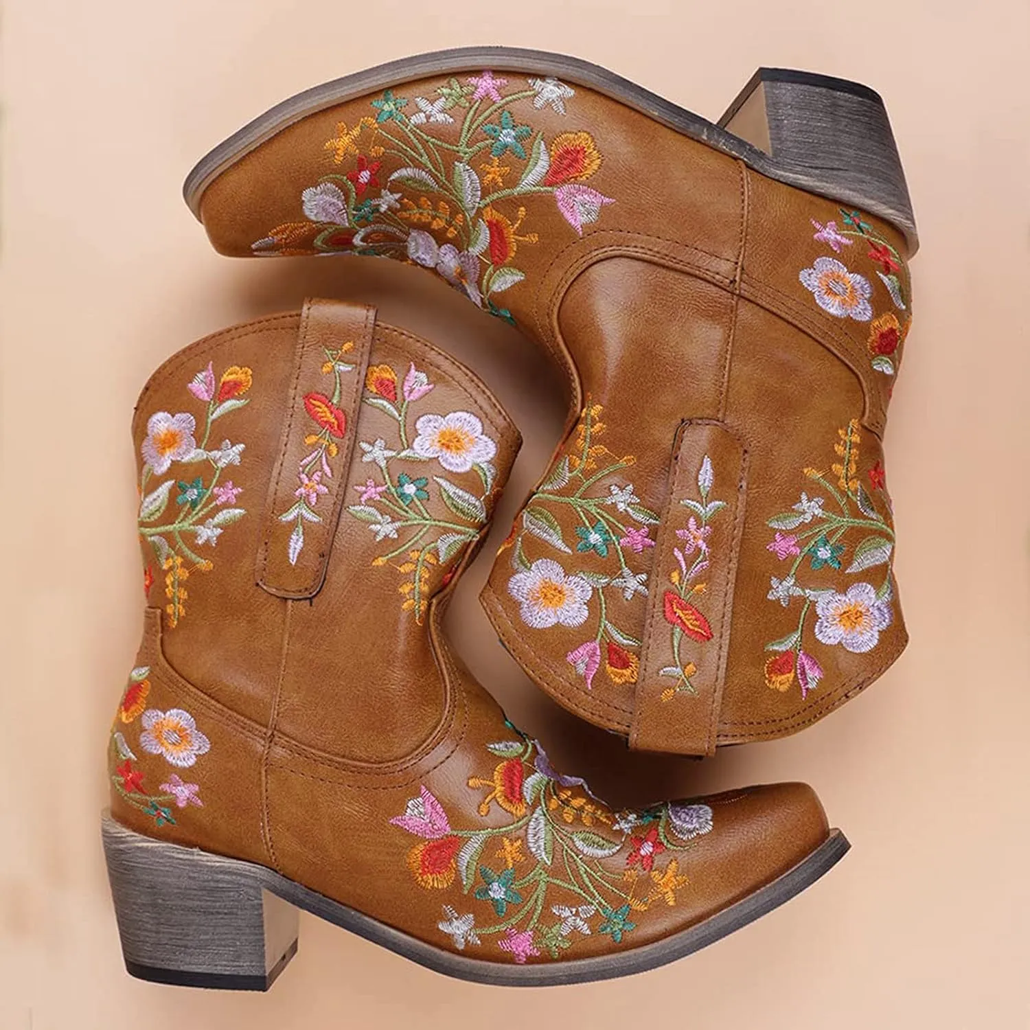 Cowboy Boots for Women Vintage Western Cowgirl Boots Chunky Heel Pull on Flower Embroidered Square Toe Short Boots
