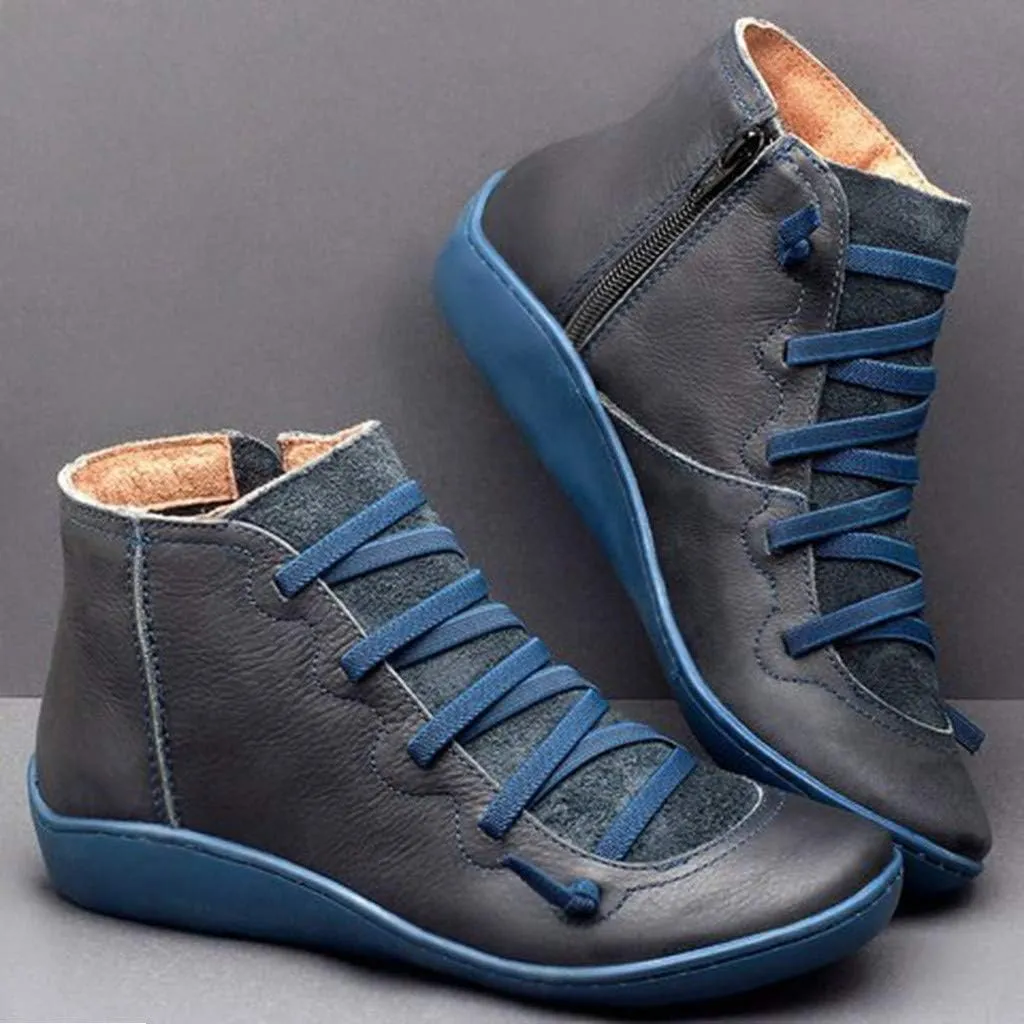 Flat Booties for Women Casual Arch Support Boots Comfy Lace up Ankle Booties Lightweight Booties with Zipper