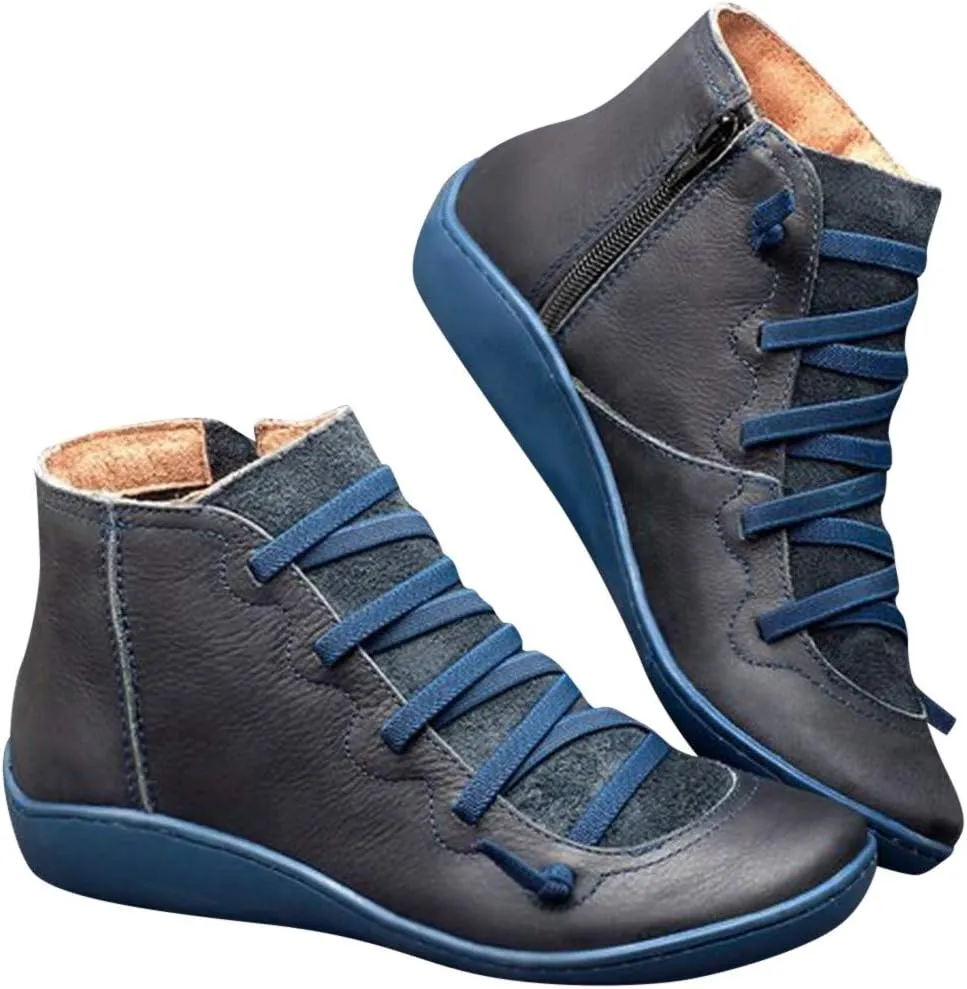 Flat Booties for Women Casual Arch Support Boots Comfy Lace up Ankle Booties Lightweight Booties with Zipper