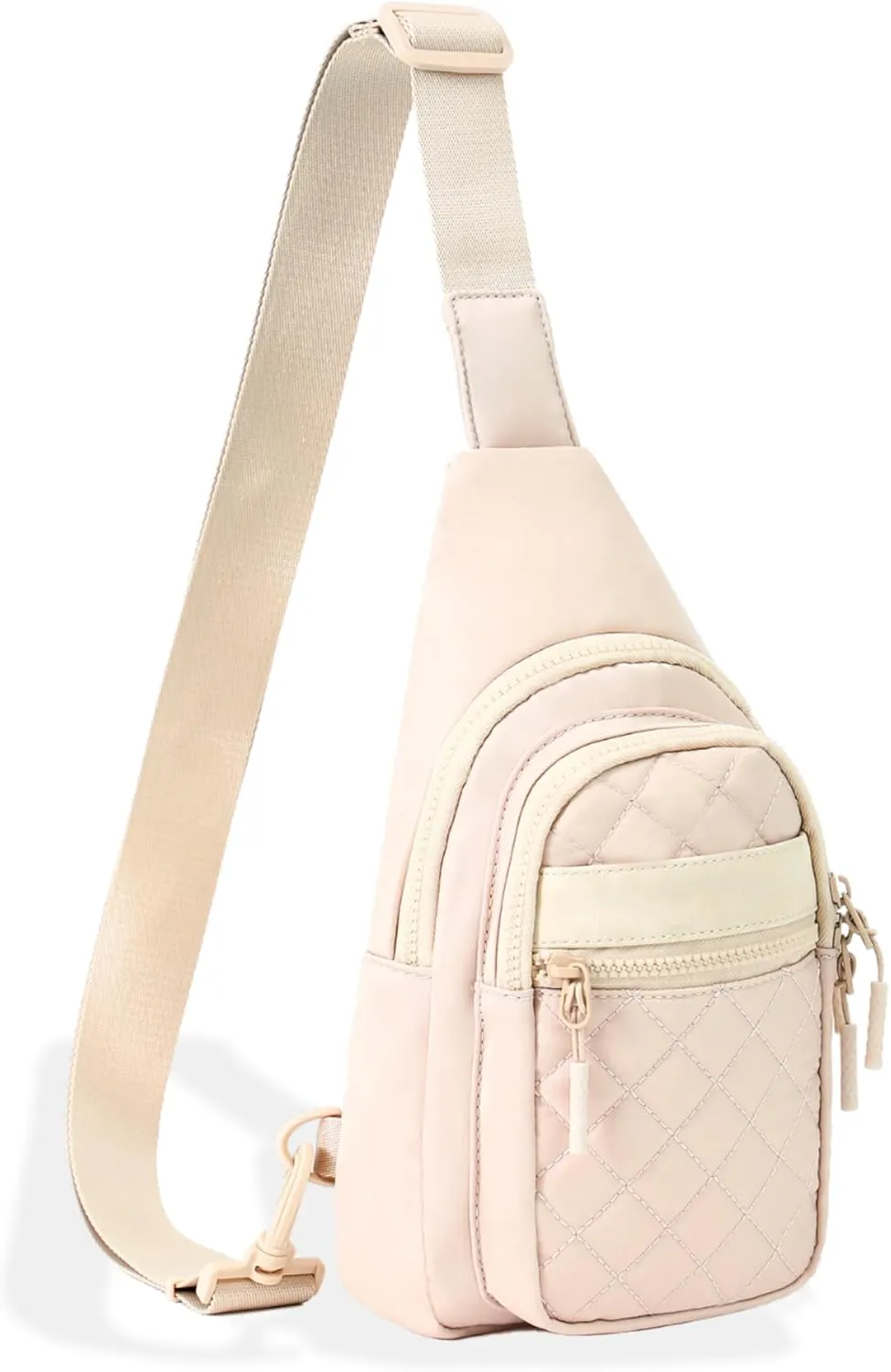 FORZAROCKET Sling Bag Double Compartment w/Long Strap 66" - Crossbody Bag w/Extended Strap - Women Men Fanny Pack - Two-Way Durable Zipper - Compact Sling Backpack - Plus Size Friendly, Beige Quilted