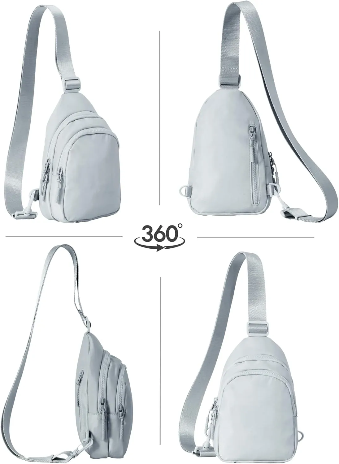 FORZAROCKET Sling Bag Double Compartment w/Long Strap 70" - Crossbody Bag w/Extended Strap - Women Men Fanny Pack - Two-way Durable Zipper - Compact Sling Backpack - Plus Size Friendly, Light Grey