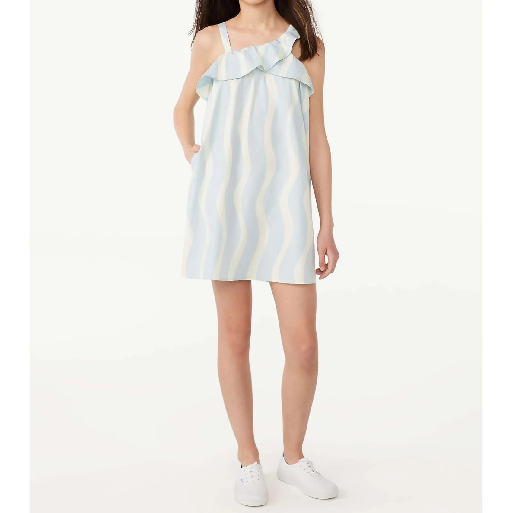 Free Assembly Girls Clear Blue Babydoll Dress with Asymmetric Neckline