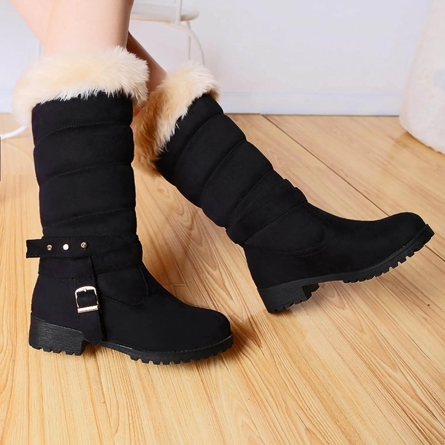 Fur Boots for Women Ankle Boots for Women Comfy High Top Warm Padded Zipper Low Heel Round Toe Women's Snow Boots