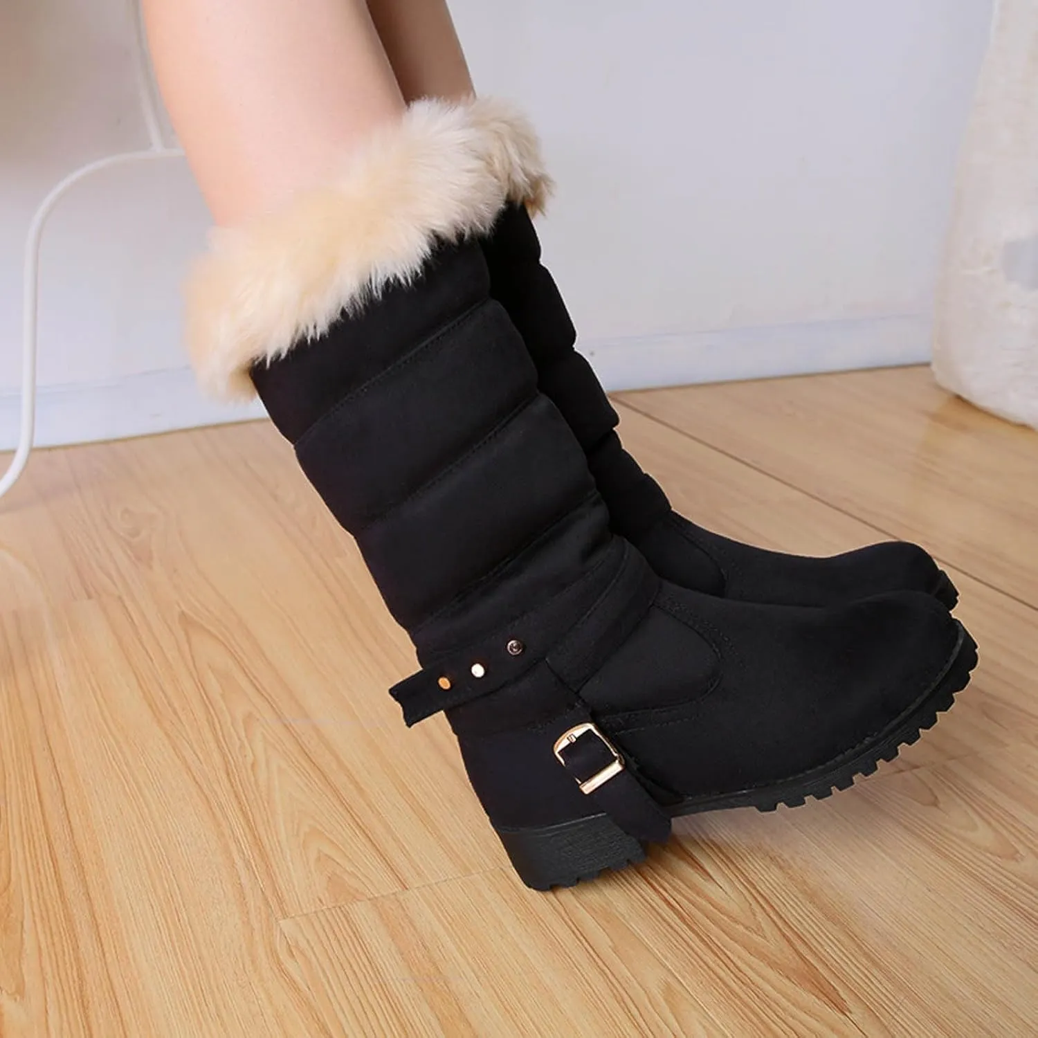 Fur Boots for Women Ankle Boots for Women Comfy High Top Warm Padded Zipper Low Heel Round Toe Women's Snow Boots
