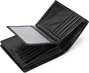 Genuine Leather Bifold Wallet RFID Blocking Short Wallet for Men Large Capacity Cash Purse with 15 Card Slots and ID Window, Black
