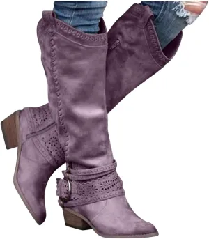 Gibobby Snow Boots for Women Mid Knee High Boots Chunky Heel Wide Calf Side Zipper Fashion Winter Cowboy Booties