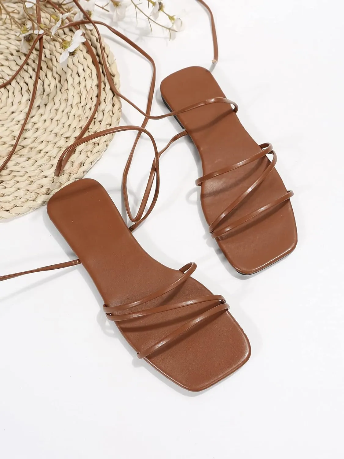 GORGLITTER Women's Lace Up Flat Sandals Dressy Strappy Square Toe Gladiator Sandals Summer Beach Slides