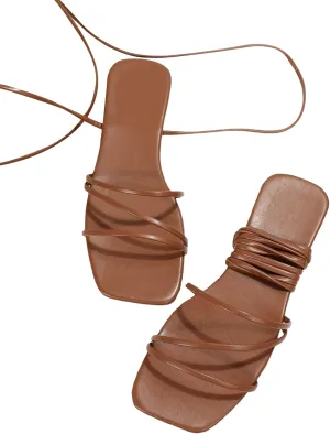 GORGLITTER Women's Lace Up Flat Sandals Dressy Strappy Square Toe Gladiator Sandals Summer Beach Slides