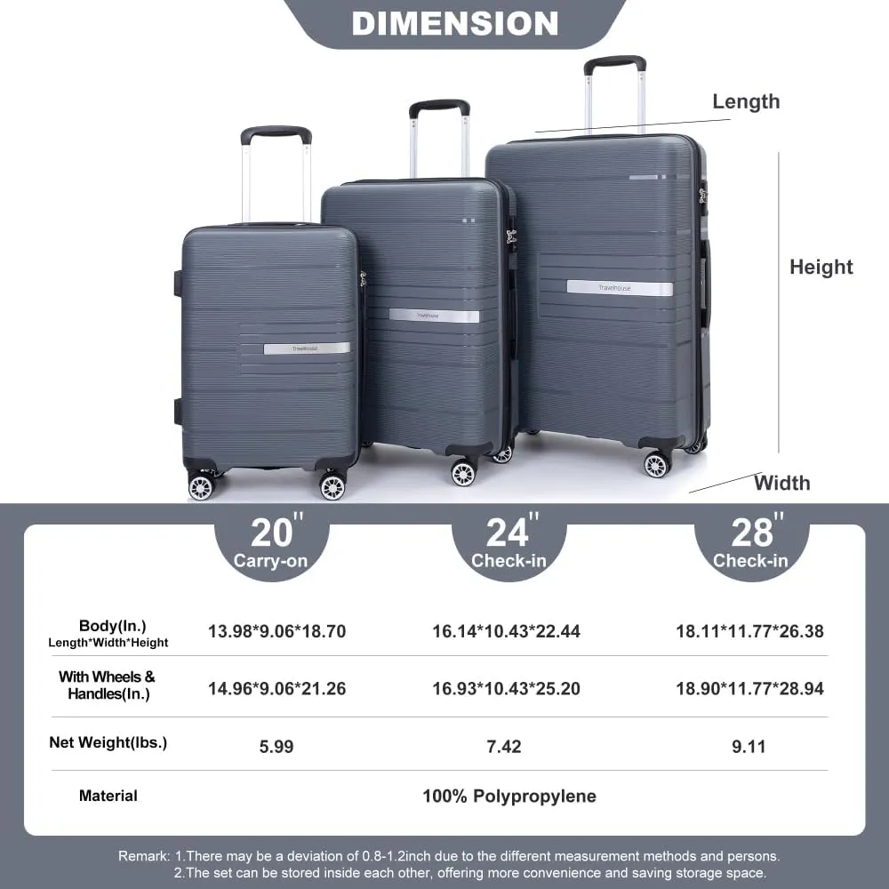 Hardshell Suitcase Double Spinner Wheels PP Luggage Sets Lightweight Durable Suitcase with TSA Lock,3-Piece Set (20/24/28), Gray