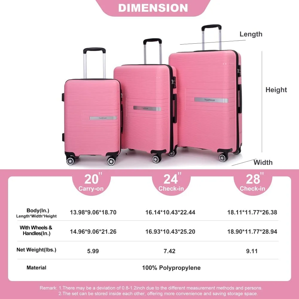 Hardshell Suitcase Double Spinner Wheels PP Luggage Sets Lightweight Durable Suitcase with TSA Lock,3-Piece Set (20/24/28), Pink