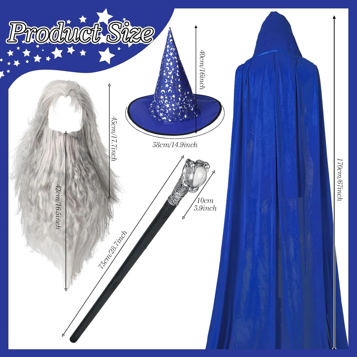 Hicarer 4 Pcs Halloween Wizard Costume Set Include Wizard Hat Cloak Wig Beard Wand Costume Accessories for Adults
