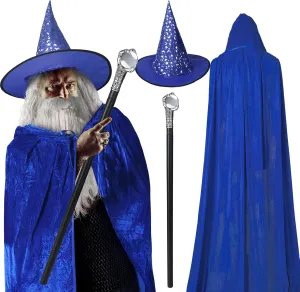 Hicarer 4 Pcs Halloween Wizard Costume Set Include Wizard Hat Cloak Wig Beard Wand Costume Accessories for Adults