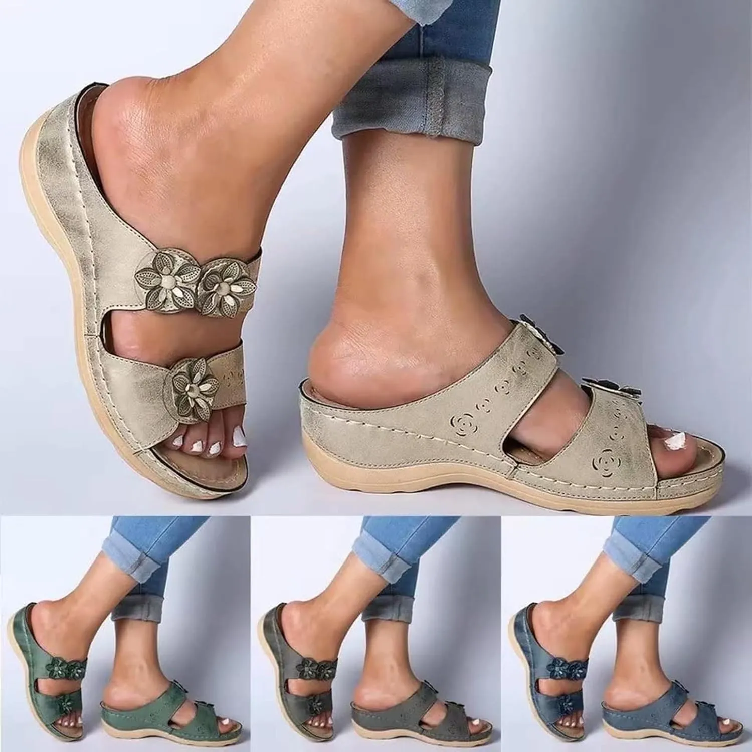 HINDOLA Women's Orthopedic Sandals Slip-on Open Toe Flatform Flip Flops Summer Walking Slippers with Arch Support Orthotic Sandals