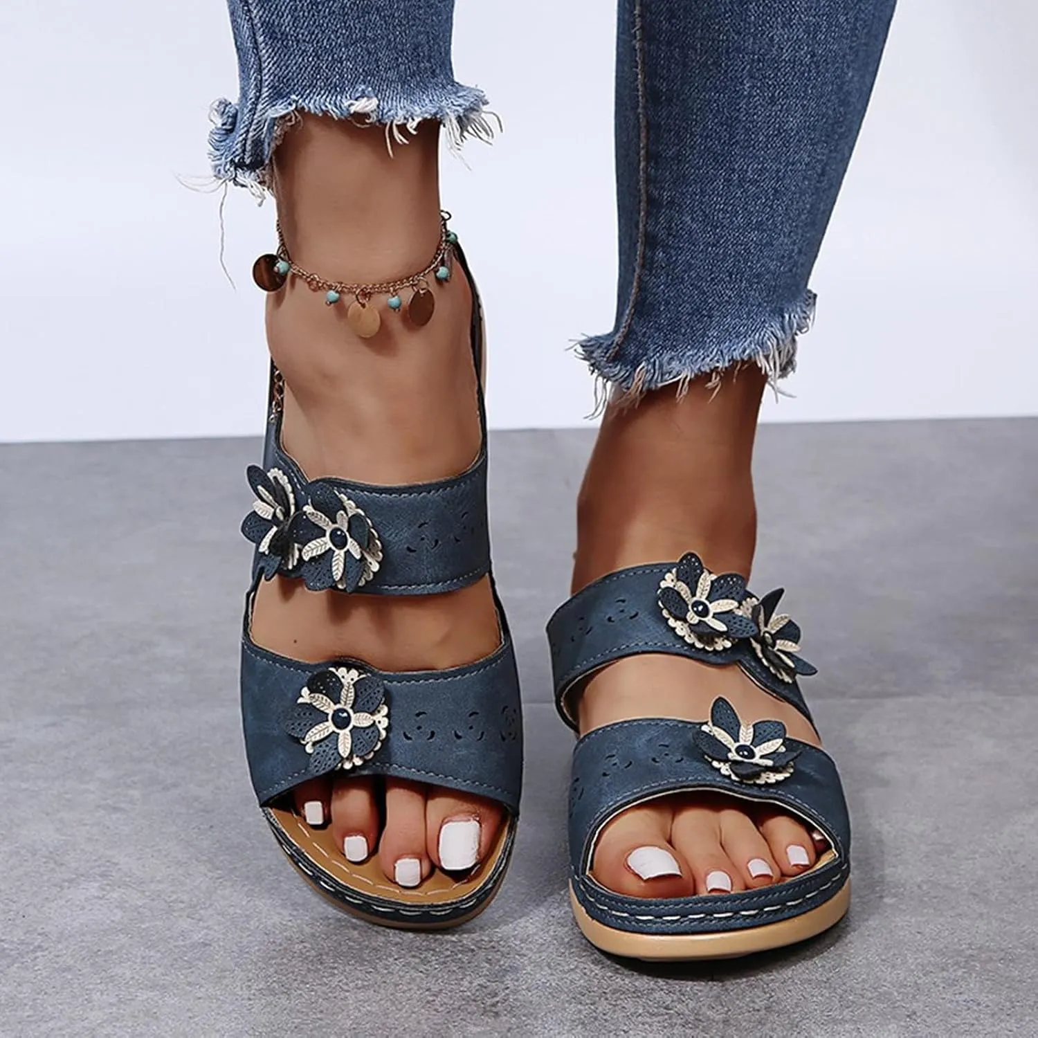 HINDOLA Women's Orthopedic Sandals Slip-on Open Toe Flatform Flip Flops Summer Walking Slippers with Arch Support Orthotic Sandals