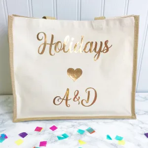 Honeymoon Holiday Bag- Jute and Canvas Tote Beach Bag With Any Phrase/Name - Perfect for Honeymoon and Weddings