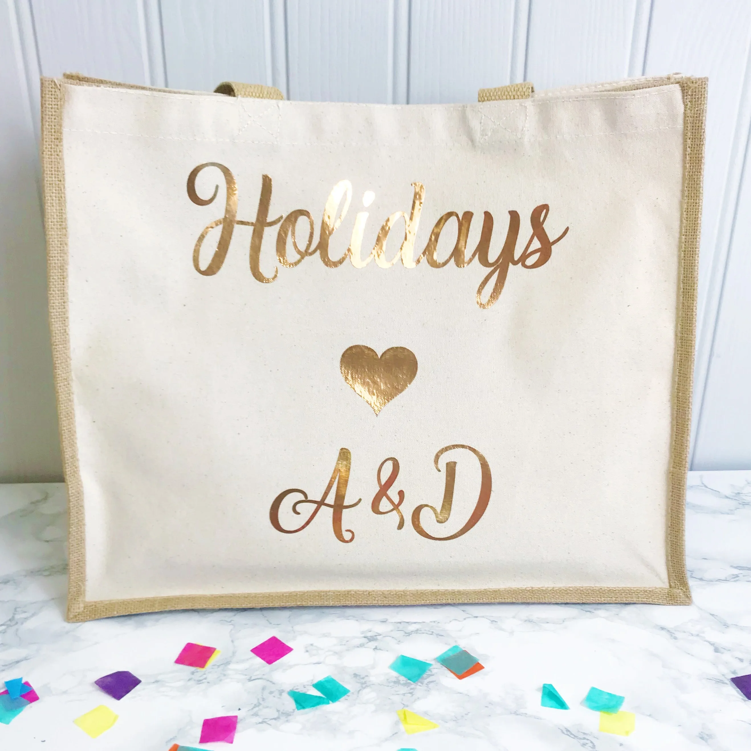 Honeymoon Holiday Bag- Jute and Canvas Tote Beach Bag With Any Phrase/Name - Perfect for Honeymoon and Weddings