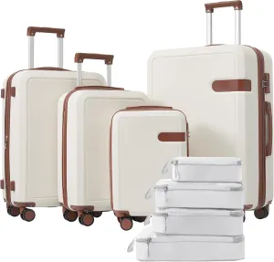 JCSD 4-Piece Luggage Set with Compression Packing Cubes, Expandable Spinner Wheels, Lightweight ABS Material, Brown and White