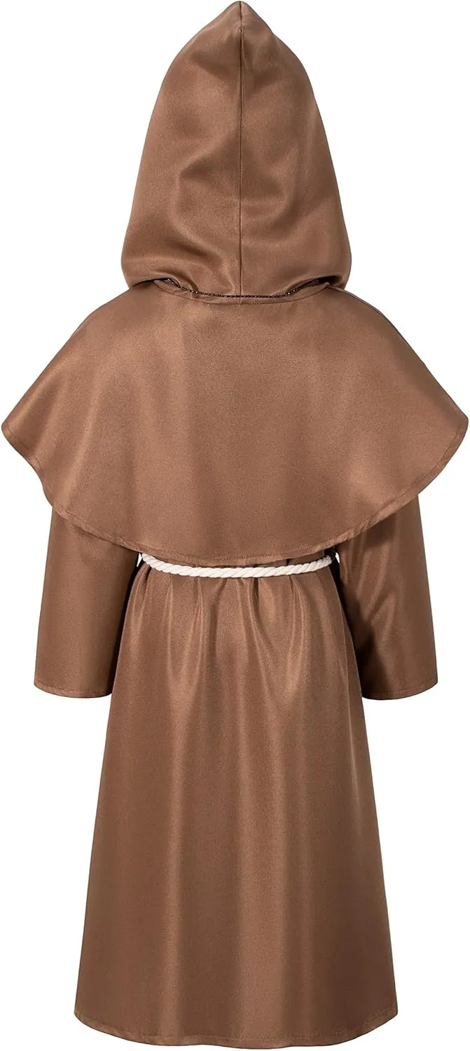 Kids Medieval Renaissance Monk Costume Priest Friar Wizard Cloak Hooded Robe Cosplay Costume Belt Necklace Set