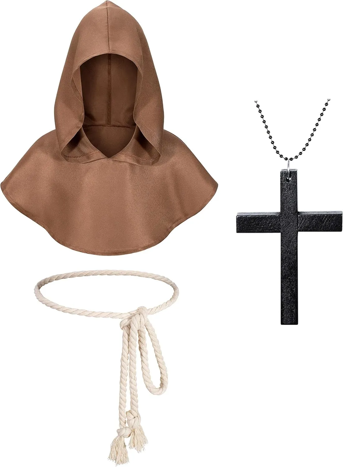 Kids Medieval Renaissance Monk Costume Priest Friar Wizard Cloak Hooded Robe Cosplay Costume Belt Necklace Set