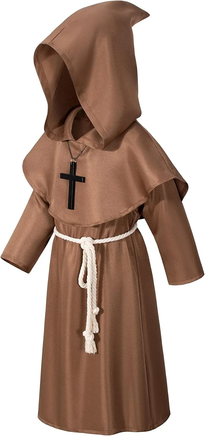 Kids Medieval Renaissance Monk Costume Priest Friar Wizard Cloak Hooded Robe Cosplay Costume Belt Necklace Set