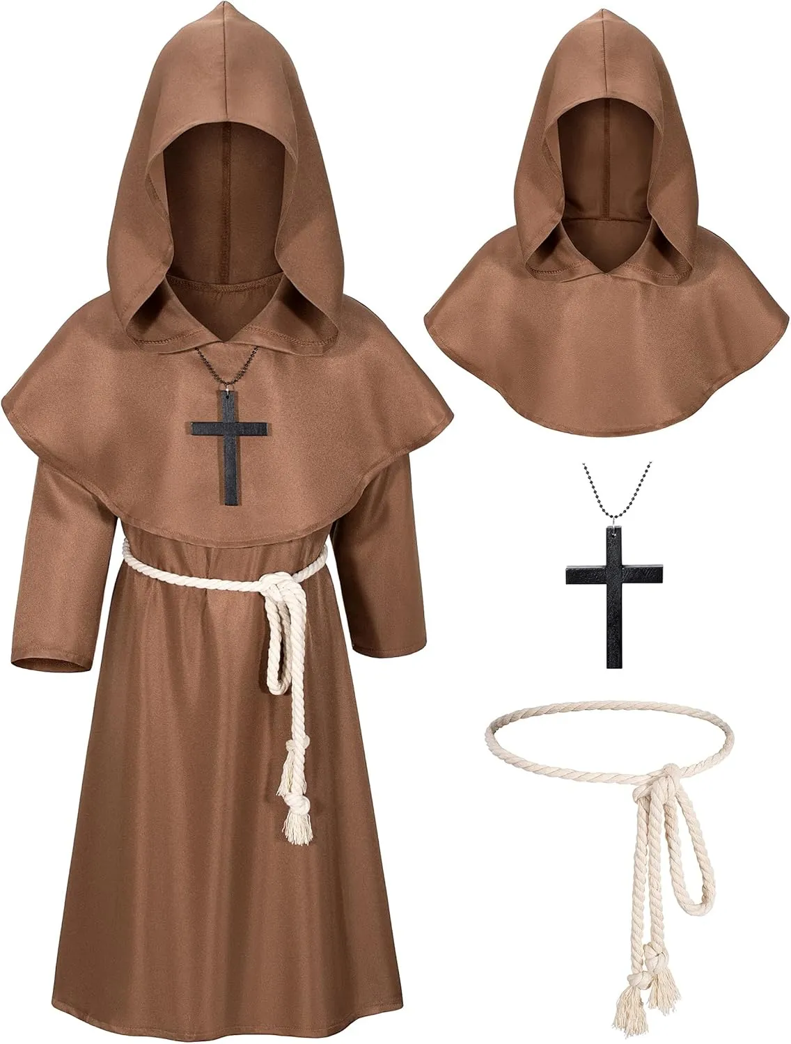 Kids Medieval Renaissance Monk Costume Priest Friar Wizard Cloak Hooded Robe Cosplay Costume Belt Necklace Set