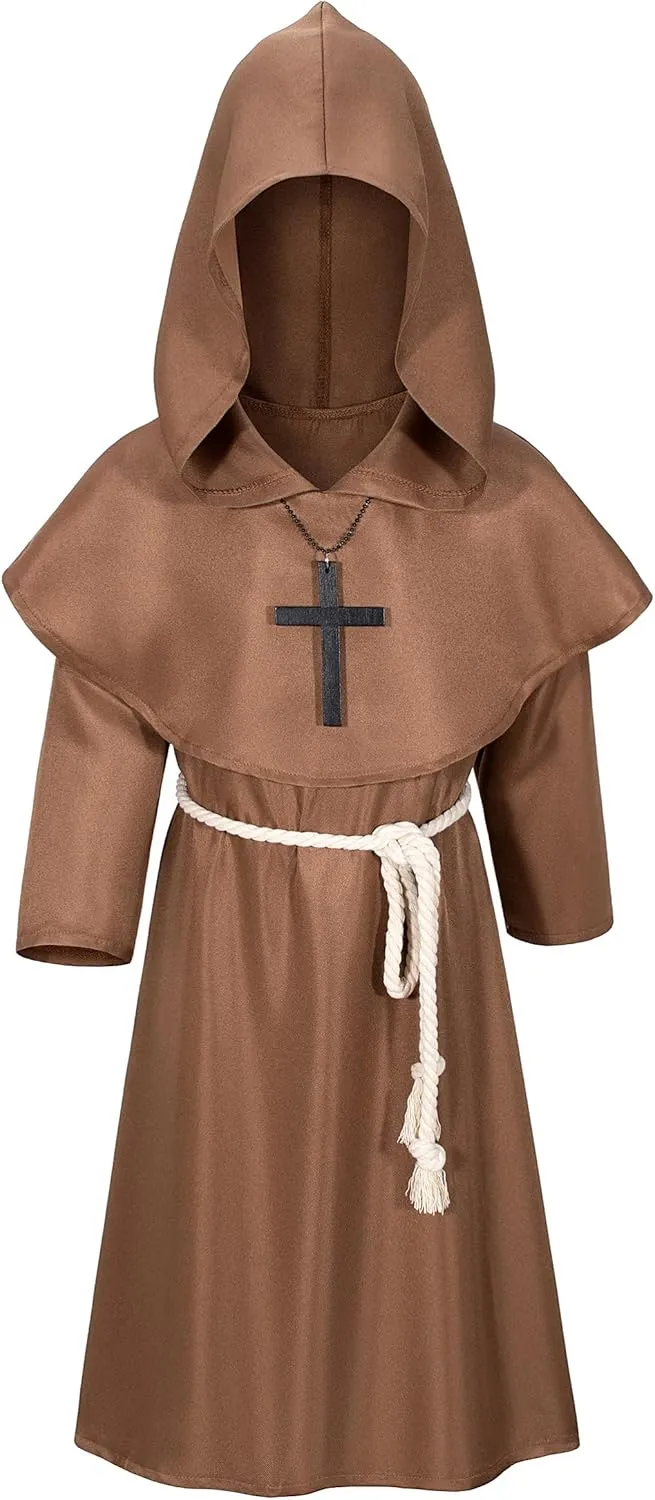 Kids Medieval Renaissance Monk Costume Priest Friar Wizard Cloak Hooded Robe Cosplay Costume Belt Necklace Set