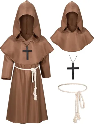Kids Medieval Renaissance Monk Costume Priest Friar Wizard Cloak Hooded Robe Cosplay Costume Belt Necklace Set