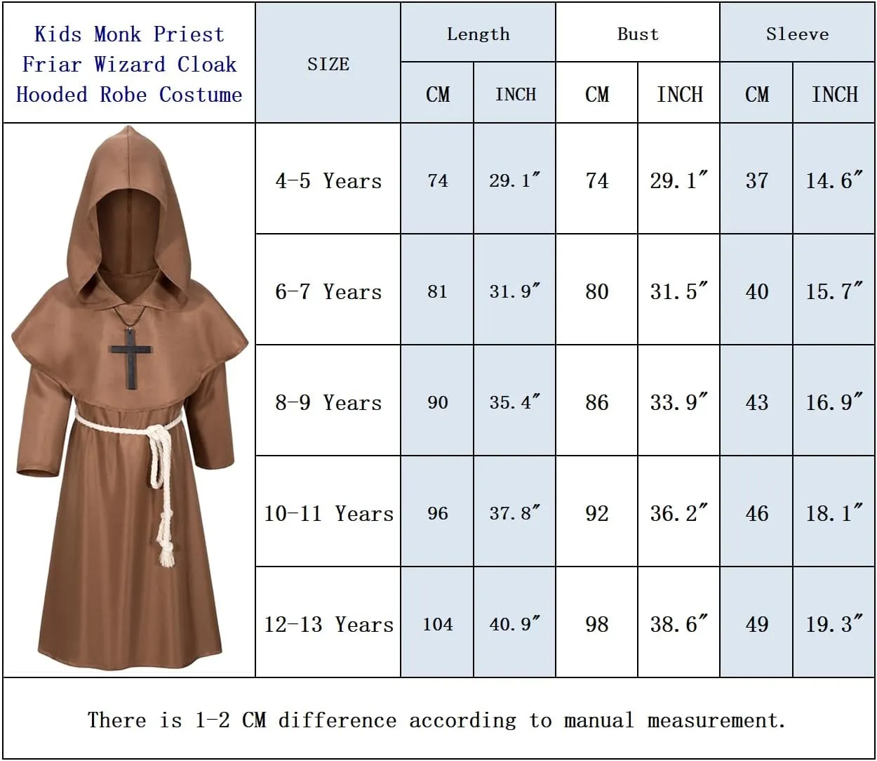 Kids Medieval Renaissance Monk Costume Priest Friar Wizard Cloak Hooded Robe Cosplay Costume Belt Necklace Set