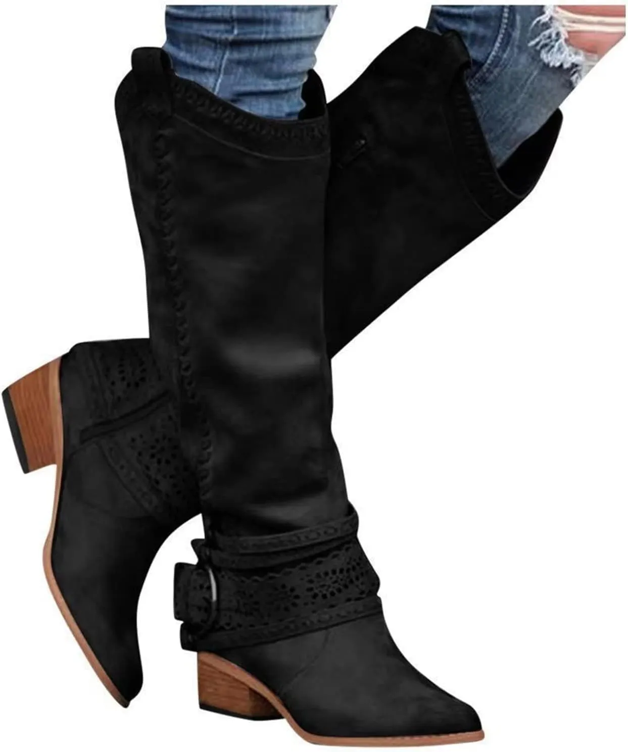 Ladmiple Cowgirl Boots Women Wide Calf Knee High Western Boots Pointed Toe Chunky Heel Stitching Pull On Cowboy Boots