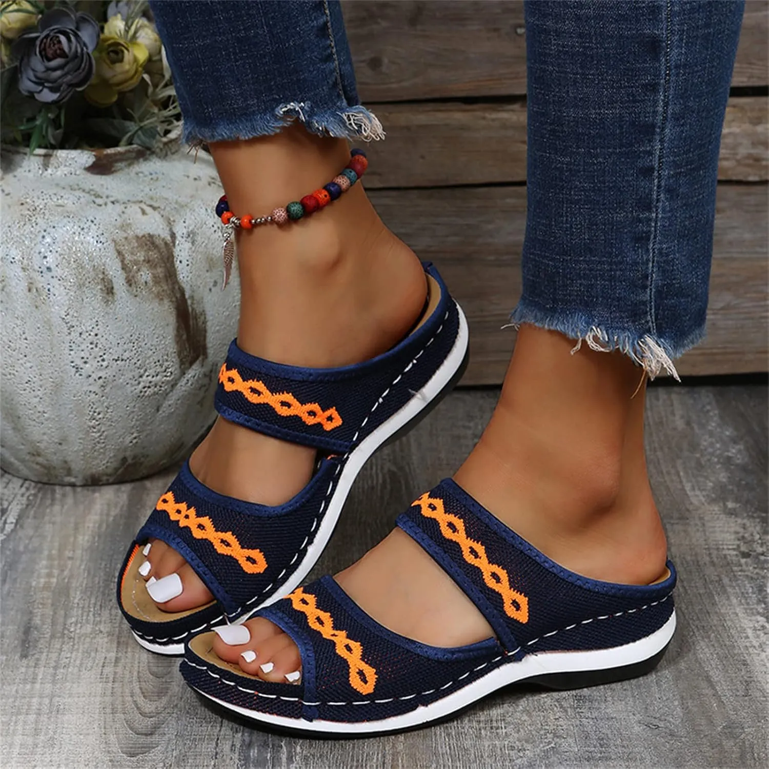 Ladmiple Fashion Sandals Women Dressy Summer Flat Orthotic Slides Comfortable Walking Orthopedic Flip Flops with Arch Support
