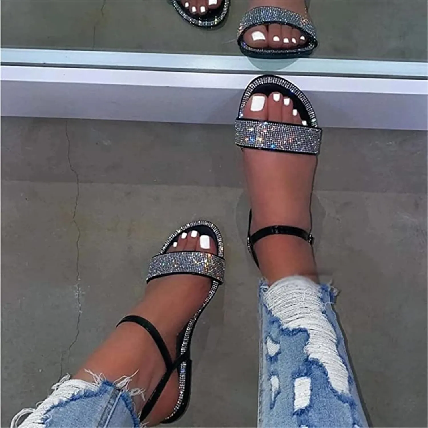 Ladmiple Sandals for Women Dressy Summer 2023 Crystal Cut Out Flip Flop Sandals Casual Beach Open Toe Flats Shoes Sandal