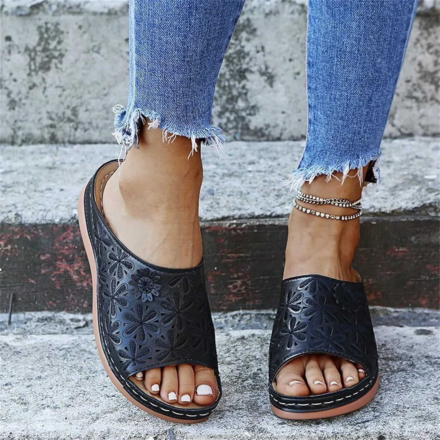Ladmiple Sandals Women Fashion Floral Hollow-Out Orthopedic Flip Flops Arch Support Slipper Travel Beach Open Toe Sandal