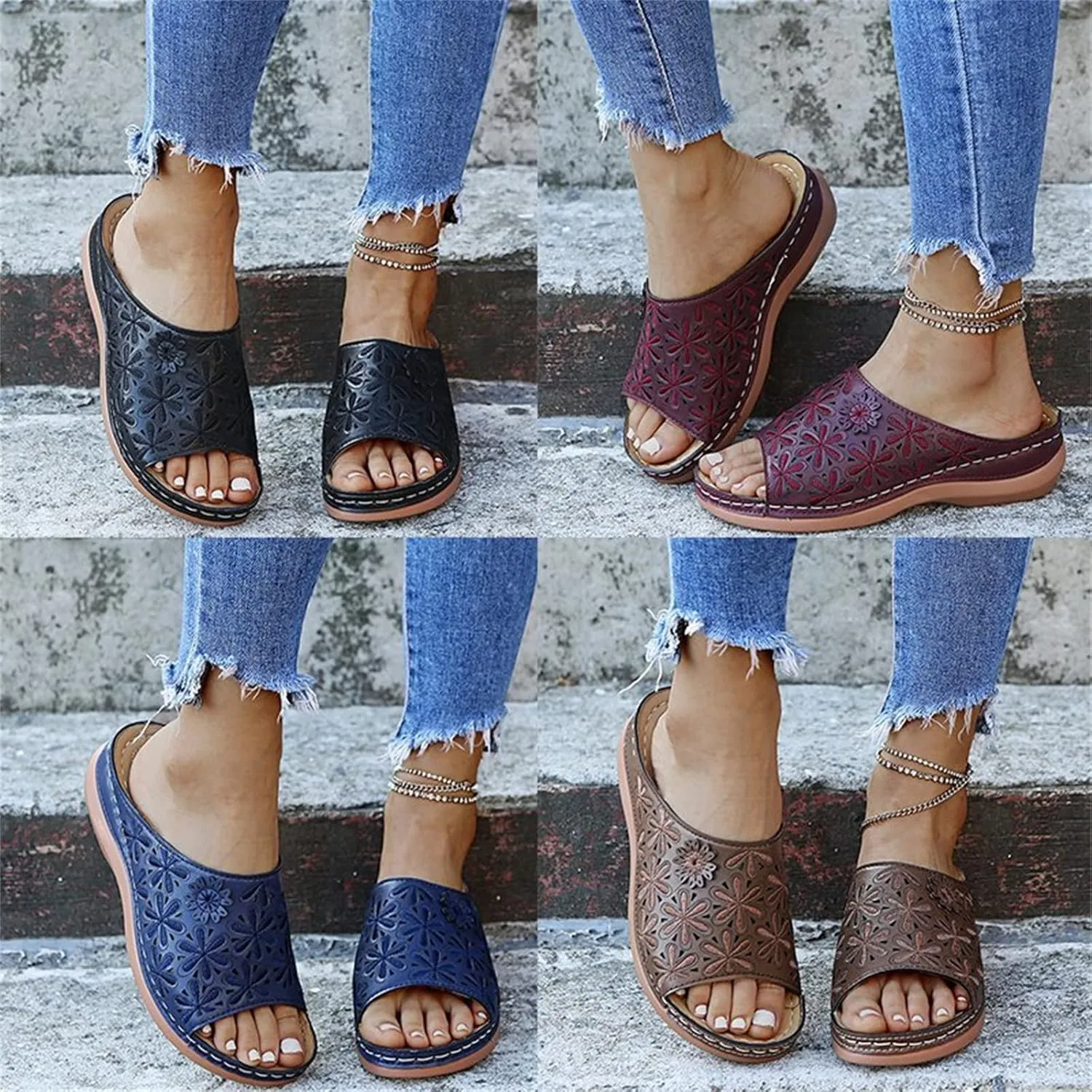 Ladmiple Sandals Women Fashion Floral Hollow-Out Orthopedic Flip Flops Arch Support Slipper Travel Beach Open Toe Sandal