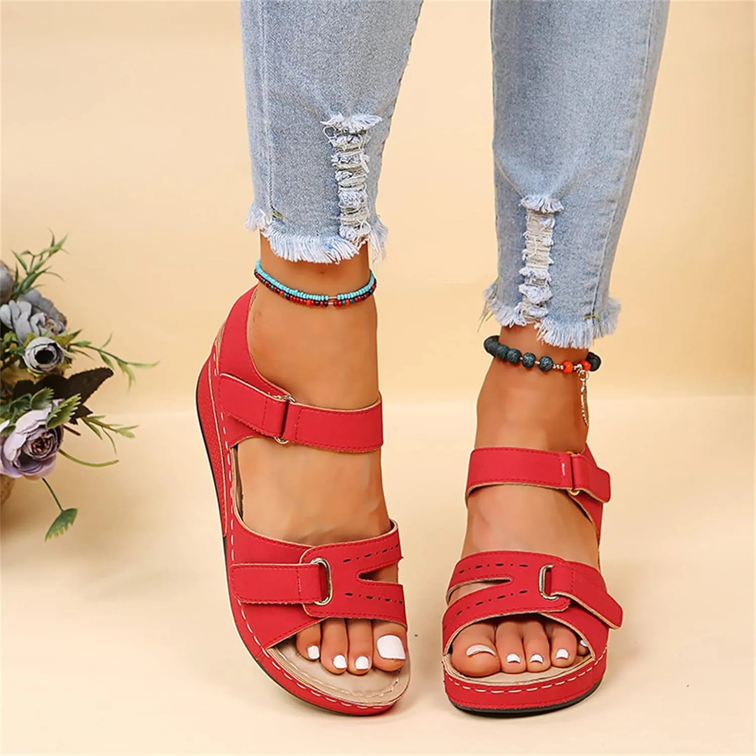 Ladmiple Sandals Women Fashion Floral Hollow-Out Orthopedic Flip Flops Arch Support Slipper Travel Beach Open Toe Sandal