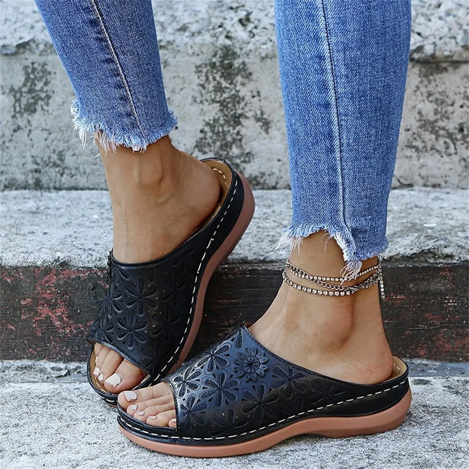 Ladmiple Sandals Women Fashion Floral Hollow-Out Orthopedic Flip Flops Arch Support Slipper Travel Beach Open Toe Sandal