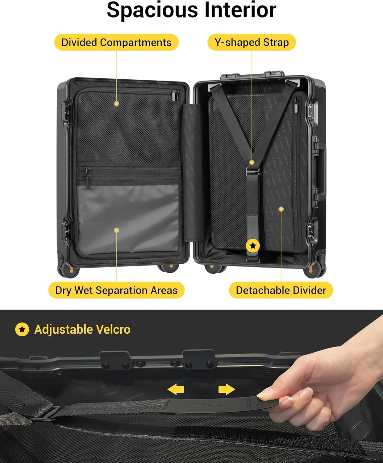 LEVEL8 Zipperless Carry On Suitcase Airline Approved with Aluminum Frame, Lightweight Hard Shell Luggage with Spinner Wheels, Metal Travel Luggage with Packing Organizers, 20 Inch, Black