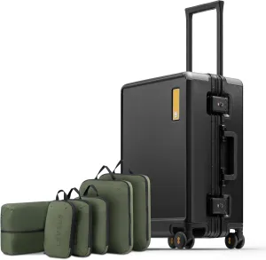 LEVEL8 Zipperless Carry On Suitcase Airline Approved with Aluminum Frame, Lightweight Hard Shell Luggage with Spinner Wheels, Metal Travel Luggage with Packing Organizers, 20 Inch, Black