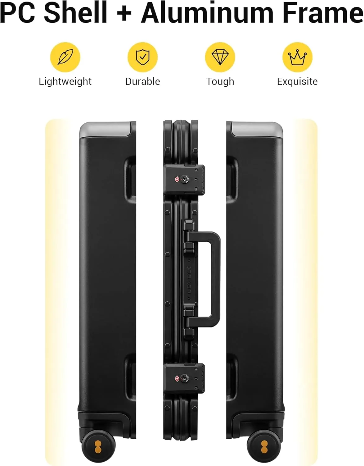 LEVEL8 Zipperless Carry On Suitcase Airline Approved with Aluminum Frame, Lightweight Hard Shell Luggage with Spinner Wheels, Metal Travel Luggage with Packing Organizers, 20 Inch, Black